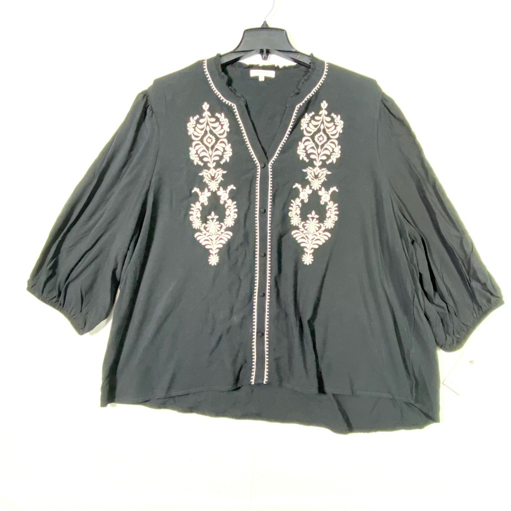 Angels Western Floral Blouse Women's 3X Black White Embroidered 3/4 Sleeve NWT
